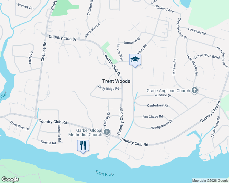 map of restaurants, bars, coffee shops, grocery stores, and more near 4104 Norman Road in Trent Woods