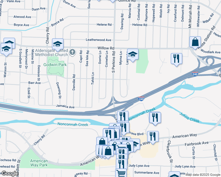 map of restaurants, bars, coffee shops, grocery stores, and more near 1857 South Perkins Road in Memphis