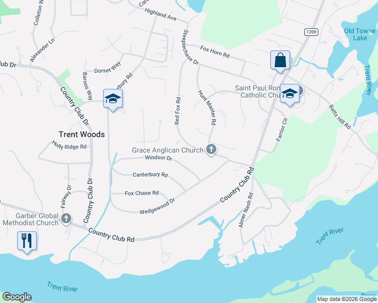 map of restaurants, bars, coffee shops, grocery stores, and more near 3410 Windsor Drive in Trent Woods