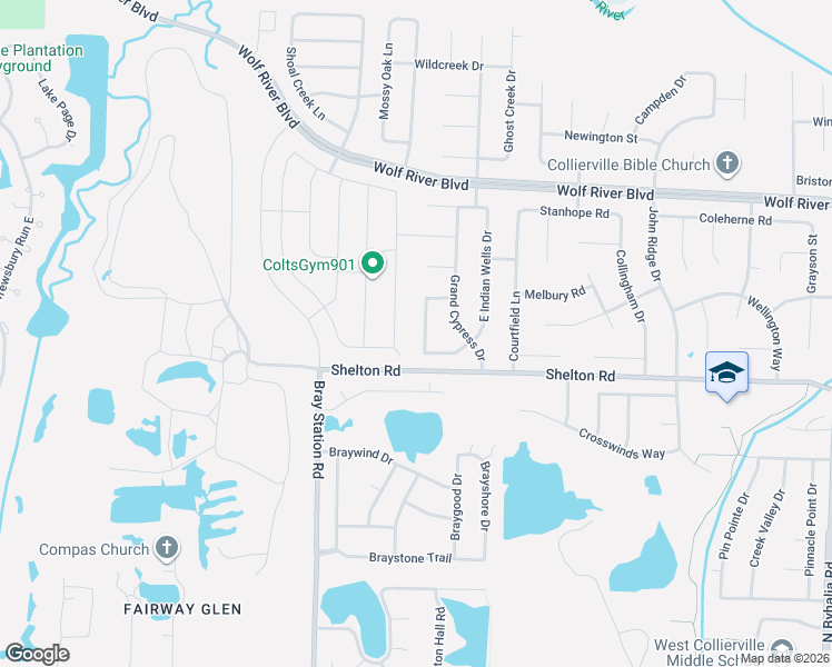 map of restaurants, bars, coffee shops, grocery stores, and more near 1479 Barton Creek Drive in Collierville