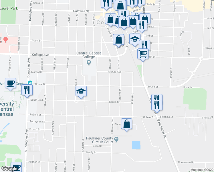 map of restaurants, bars, coffee shops, grocery stores, and more near 1407 Bruce Street in Conway