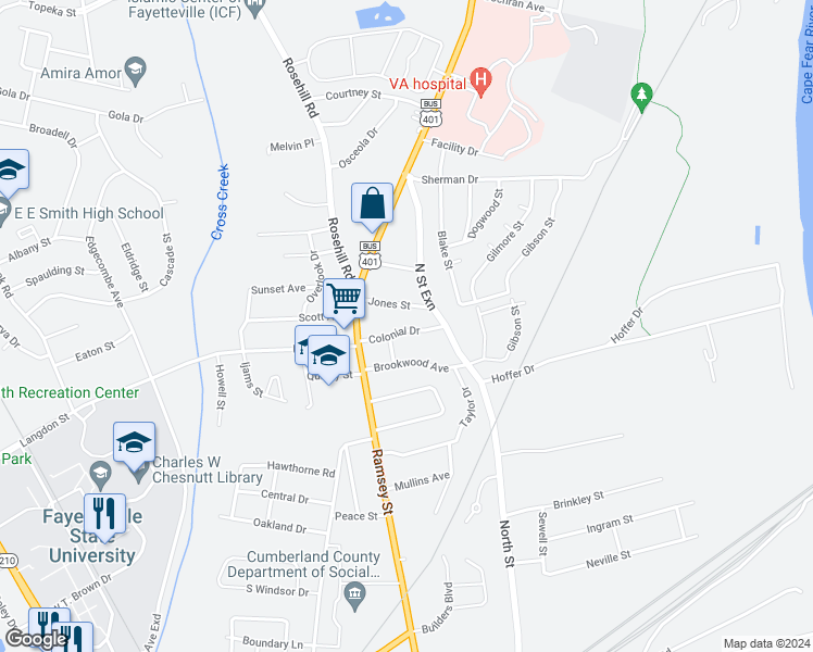map of restaurants, bars, coffee shops, grocery stores, and more near 209 Colonial Drive in Fayetteville