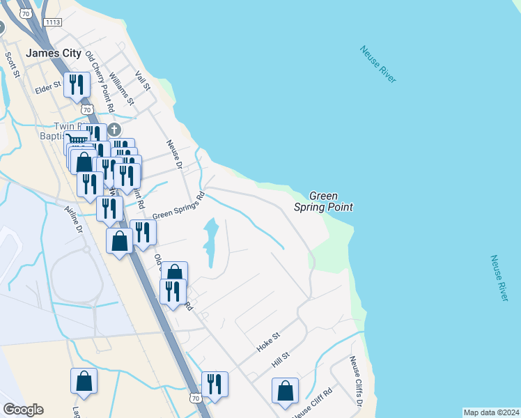 map of restaurants, bars, coffee shops, grocery stores, and more near 1205 Green Springs Road in New Bern