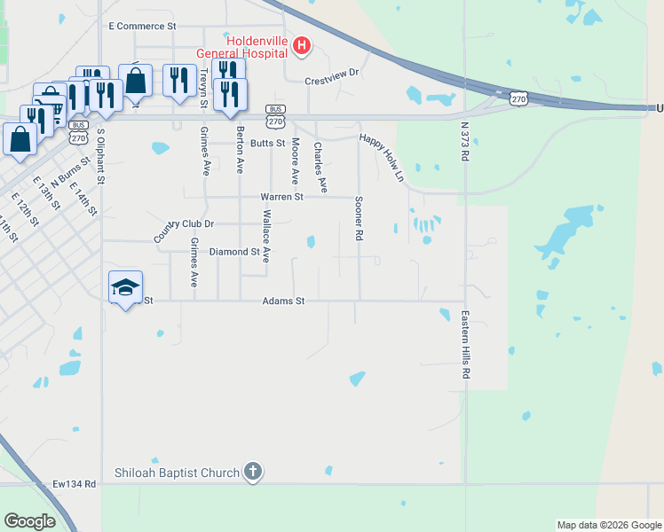 map of restaurants, bars, coffee shops, grocery stores, and more near 614 Ramsey Drive in Holdenville