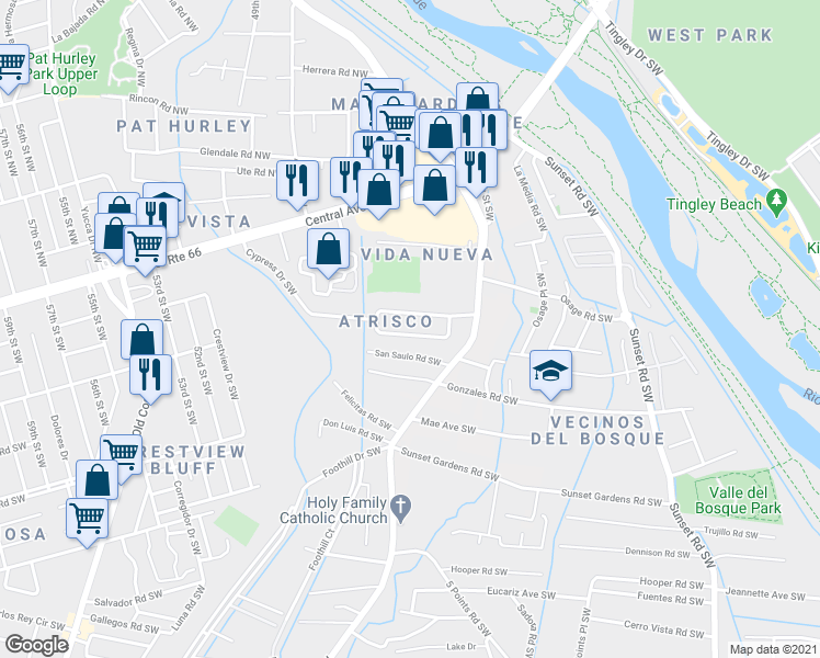 map of restaurants, bars, coffee shops, grocery stores, and more near 3139 Cypress Circle Southwest in Albuquerque