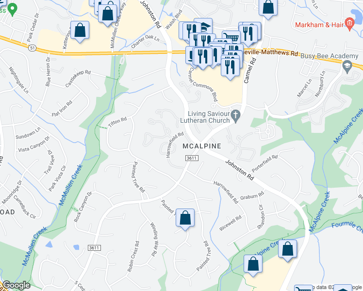 map of restaurants, bars, coffee shops, grocery stores, and more near 11153 Harrowfield Road in Charlotte