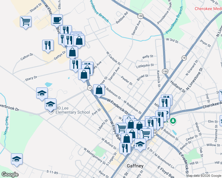 map of restaurants, bars, coffee shops, grocery stores, and more near 525 West Robinson Street in Gaffney
