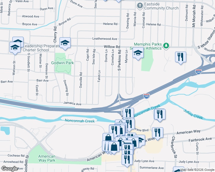 map of restaurants, bars, coffee shops, grocery stores, and more near 1871 Cornelia Lane in Memphis