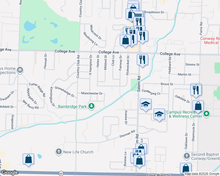 map of restaurants, bars, coffee shops, grocery stores, and more near 30 Manchester Drive in Conway