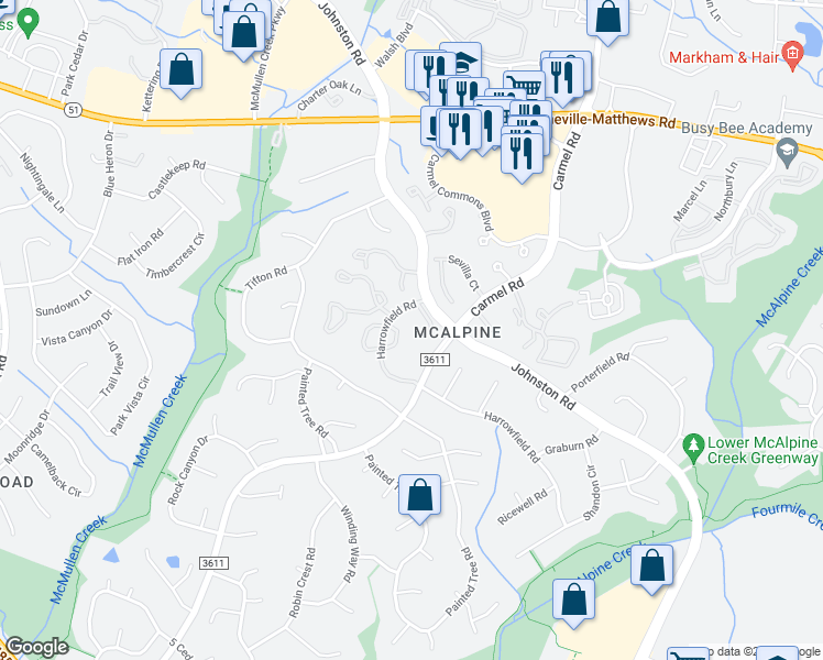 map of restaurants, bars, coffee shops, grocery stores, and more near 10949 Harrowfield Road in Charlotte