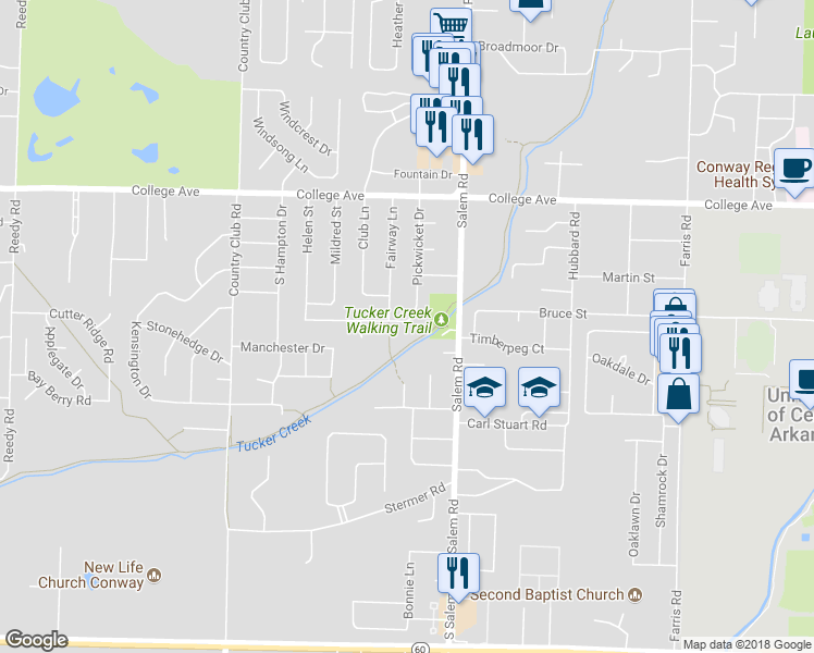 map of restaurants, bars, coffee shops, grocery stores, and more near 284 Pickwicket Drive in Conway