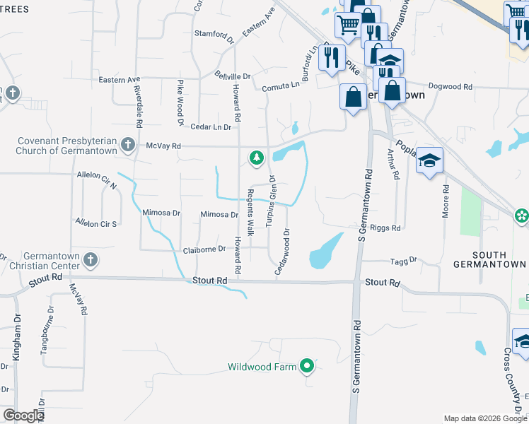 map of restaurants, bars, coffee shops, grocery stores, and more near 2504 Regents Walk in Germantown