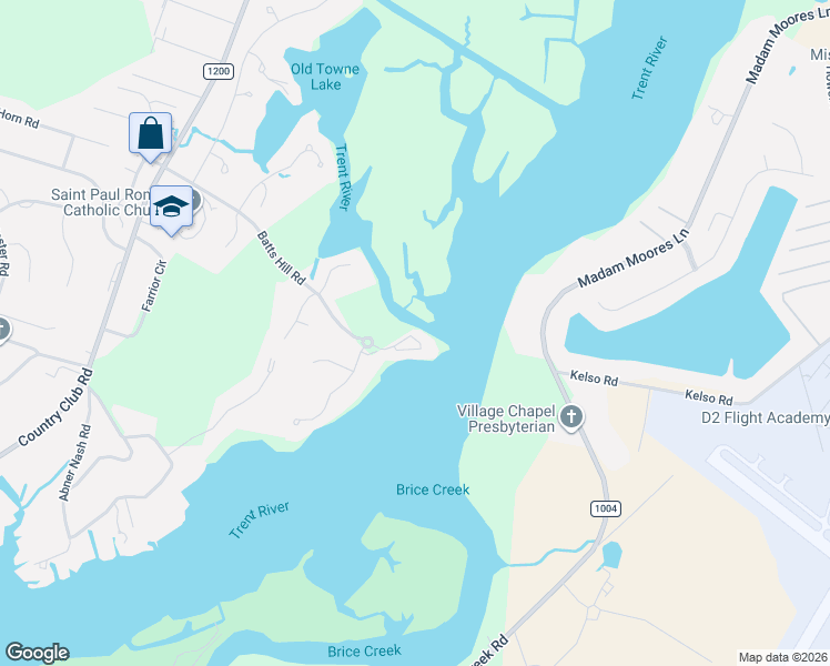 map of restaurants, bars, coffee shops, grocery stores, and more near 11 Batts Hill Road in New Bern