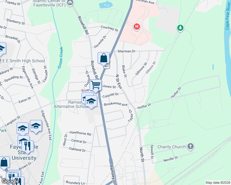 map of restaurants, bars, coffee shops, grocery stores, and more near 1608 Fayette Avenue in Fayetteville