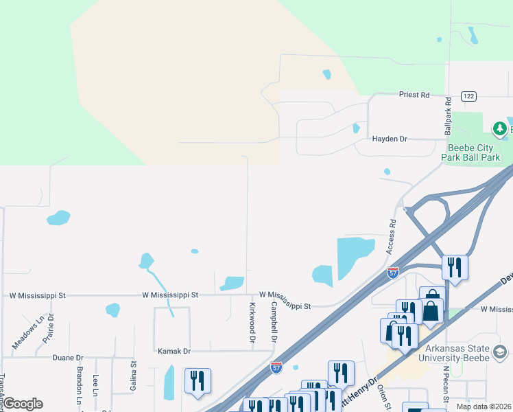 map of restaurants, bars, coffee shops, grocery stores, and more near 122 Jamie Lane in Beebe
