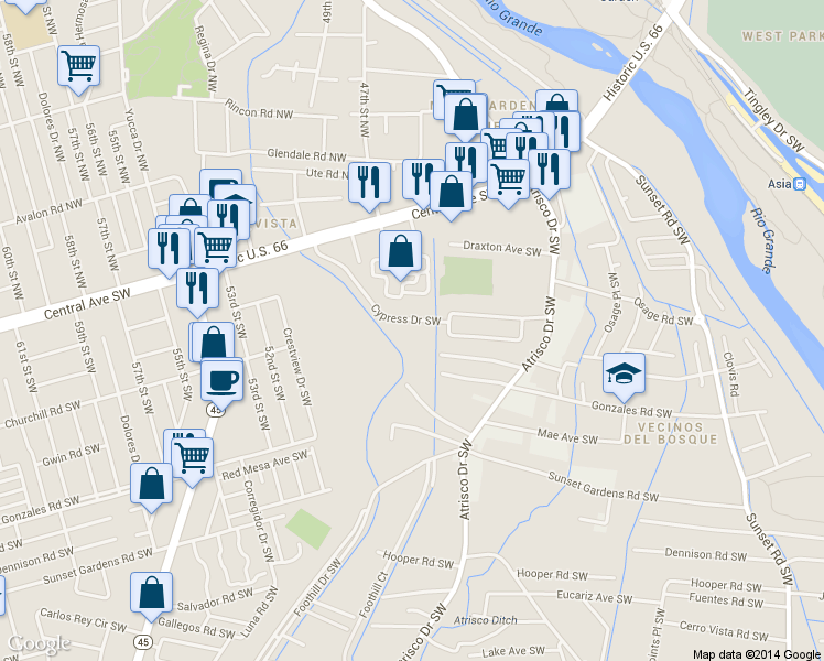 map of restaurants, bars, coffee shops, grocery stores, and more near 3312 Cypress Drive Southwest in Albuquerque