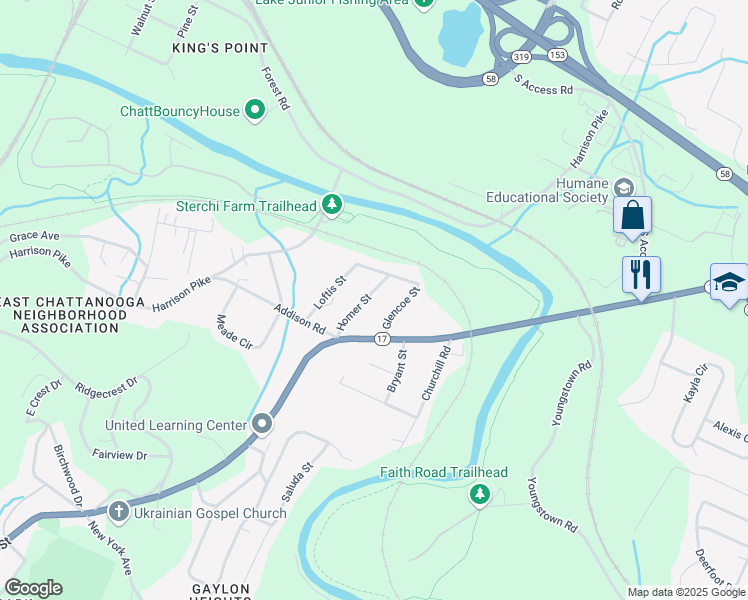 map of restaurants, bars, coffee shops, grocery stores, and more near 4051 Glencoe Street in Chattanooga