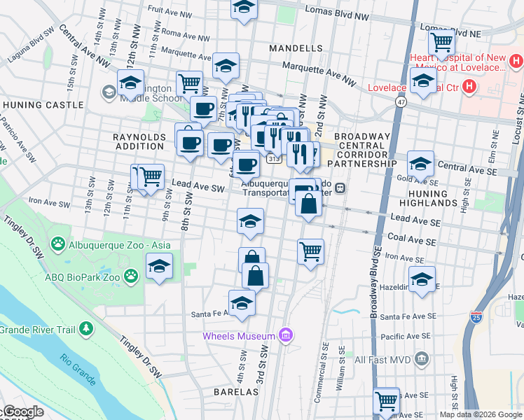 map of restaurants, bars, coffee shops, grocery stores, and more near 423 4th Street Southwest in Albuquerque