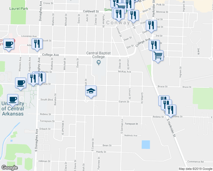 map of restaurants, bars, coffee shops, grocery stores, and more near Conway Boulevard in Conway