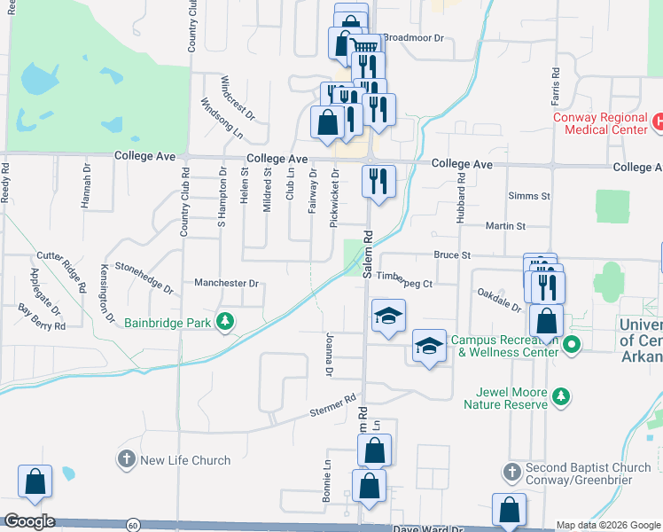 map of restaurants, bars, coffee shops, grocery stores, and more near 284 Pickwicket Drive in Conway