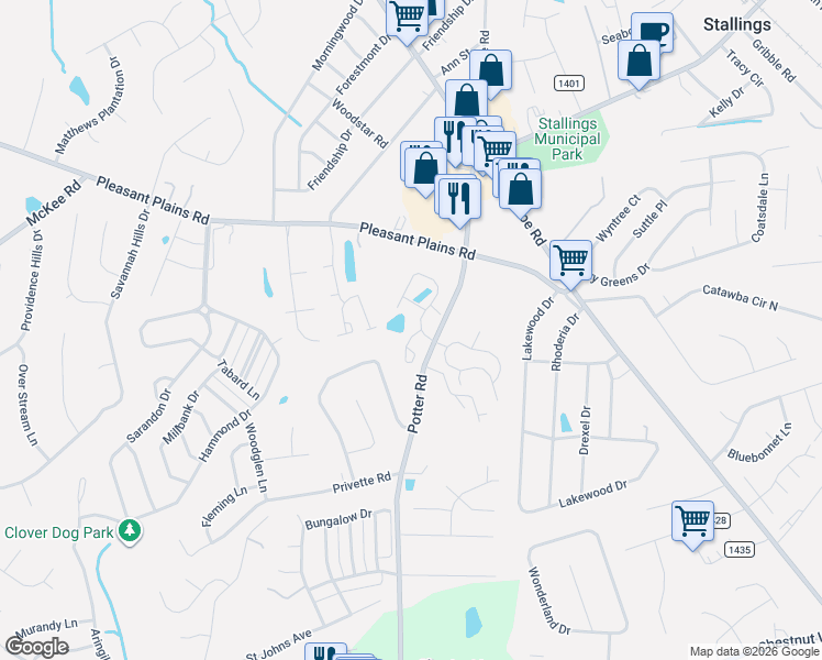 map of restaurants, bars, coffee shops, grocery stores, and more near 101 Azteca Drive in Stallings