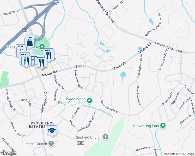 map of restaurants, bars, coffee shops, grocery stores, and more near 7606 Carrington Forest Lane in Matthews