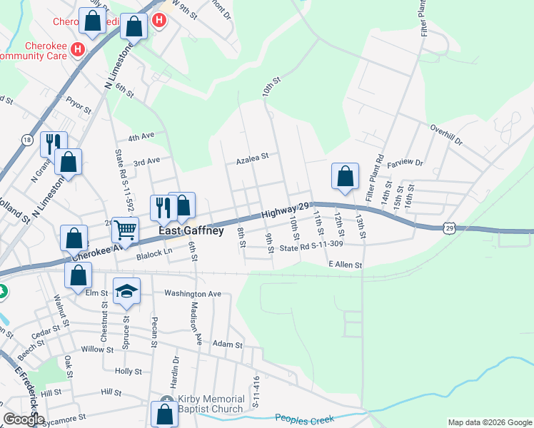 map of restaurants, bars, coffee shops, grocery stores, and more near 1505 Cherokee Avenue in Gaffney