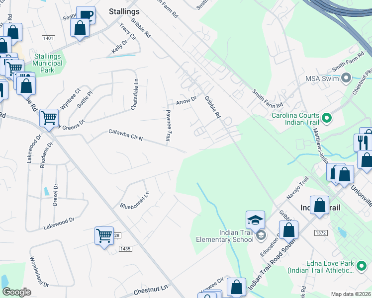 map of restaurants, bars, coffee shops, grocery stores, and more near 724 Catawba Circle North in Matthews