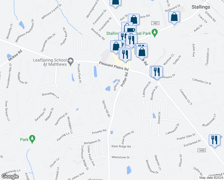map of restaurants, bars, coffee shops, grocery stores, and more near 102 Clydesdale Court in Matthews