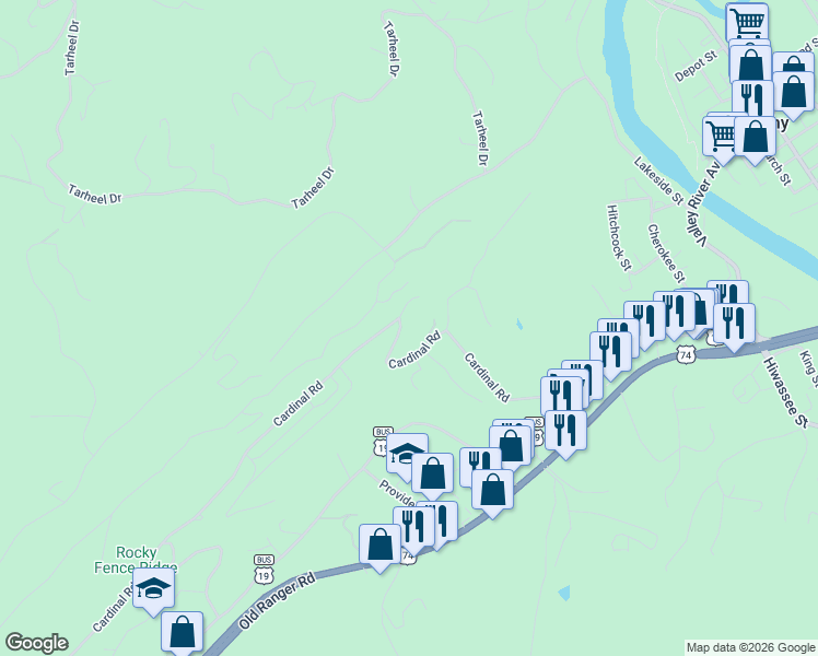 map of restaurants, bars, coffee shops, grocery stores, and more near 422 Cardinal Road in Murphy