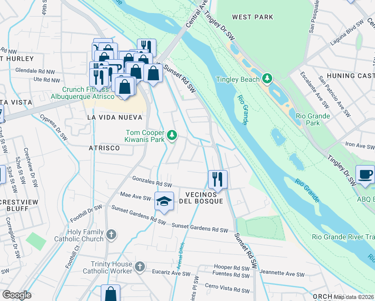 map of restaurants, bars, coffee shops, grocery stores, and more near 317 Stella Road Southwest in Albuquerque
