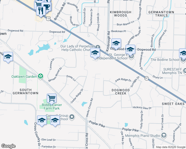map of restaurants, bars, coffee shops, grocery stores, and more near 2511 Hacks Cross Road in Germantown