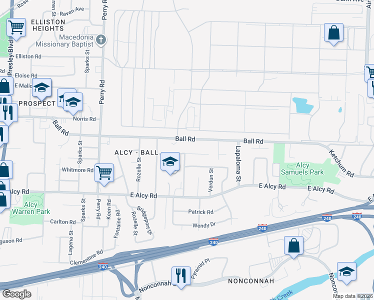 map of restaurants, bars, coffee shops, grocery stores, and more near 2366 Vista Drive in Memphis