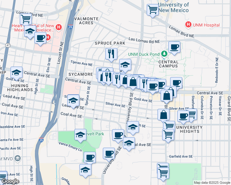 map of restaurants, bars, coffee shops, grocery stores, and more near 1604A Gold Avenue Southeast in Albuquerque