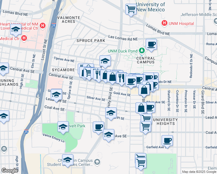 map of restaurants, bars, coffee shops, grocery stores, and more near 1720 Central Avenue Southeast in Albuquerque