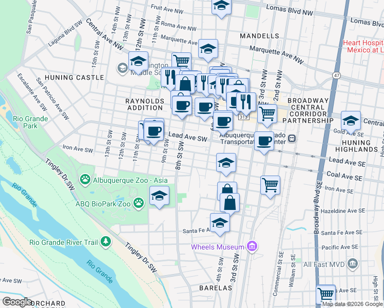 map of restaurants, bars, coffee shops, grocery stores, and more near 518 7th Street Southwest in Albuquerque