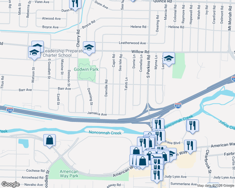 map of restaurants, bars, coffee shops, grocery stores, and more near 1877 Sea Isle Road in Memphis
