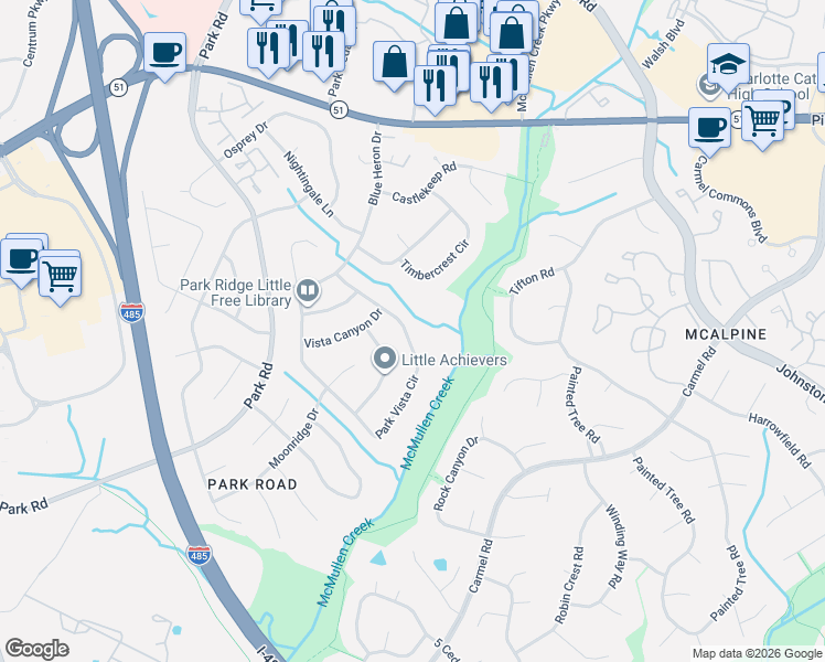 map of restaurants, bars, coffee shops, grocery stores, and more near 8224 Park Vista Circle in Charlotte