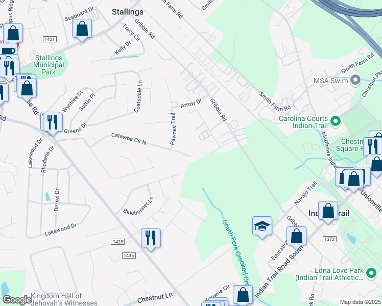map of restaurants, bars, coffee shops, grocery stores, and more near 733 Catawba Circle North in Matthews