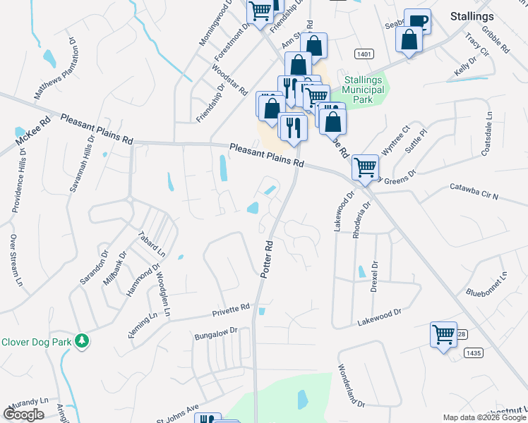 map of restaurants, bars, coffee shops, grocery stores, and more near 101 Azteca Drive in Stallings
