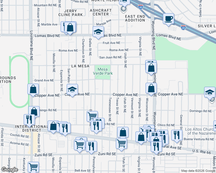 map of restaurants, bars, coffee shops, grocery stores, and more near 409 Tennessee Street Northeast in Albuquerque