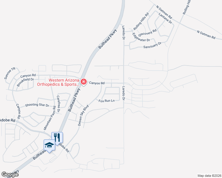 map of restaurants, bars, coffee shops, grocery stores, and more near 2533 Bridlewise Lane in Bullhead City