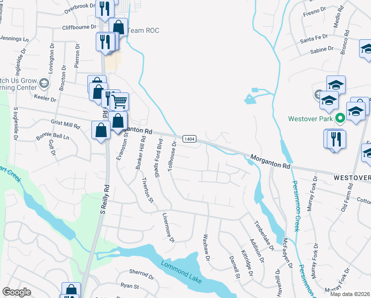 map of restaurants, bars, coffee shops, grocery stores, and more near 6324 Foxlake Drive in Fayetteville