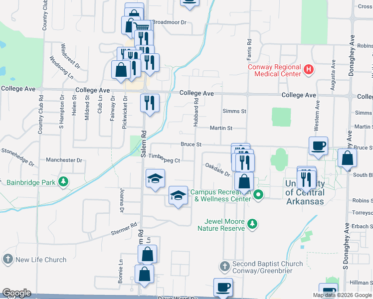 map of restaurants, bars, coffee shops, grocery stores, and more near 215 Hubbard Road in Conway