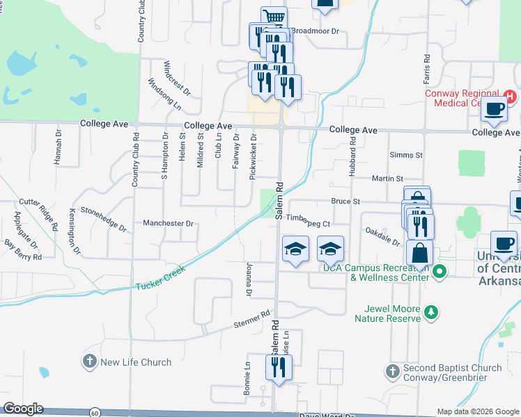 map of restaurants, bars, coffee shops, grocery stores, and more near 284 Pickwicket Drive in Conway