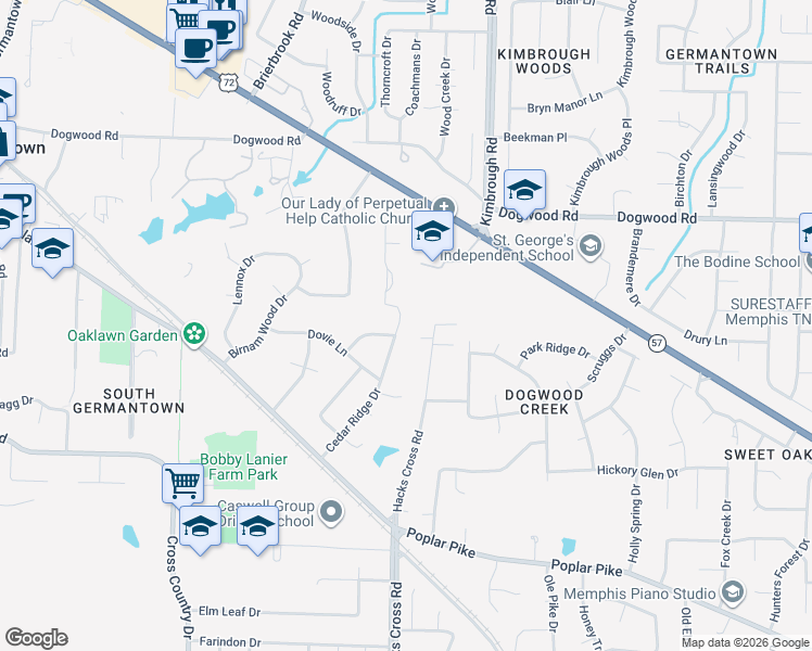 map of restaurants, bars, coffee shops, grocery stores, and more near 2492 Cedar Ridge Drive in Germantown