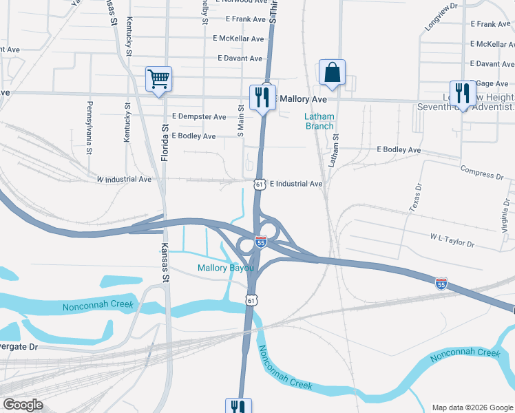map of restaurants, bars, coffee shops, grocery stores, and more near 2402 South 3rd Street in Memphis