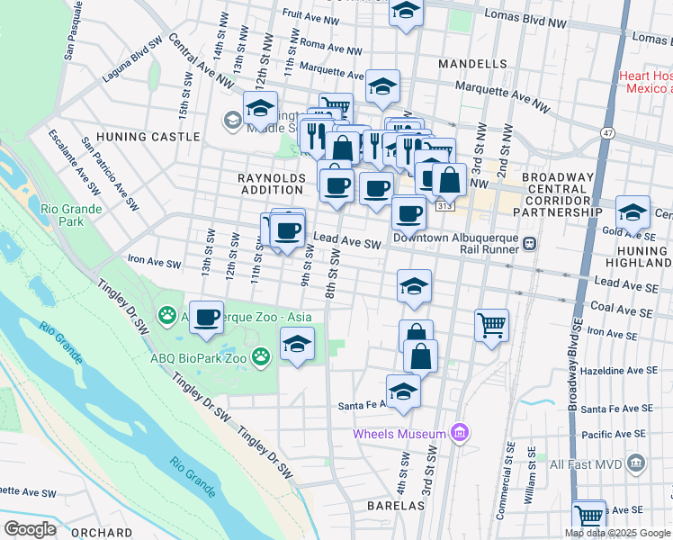 map of restaurants, bars, coffee shops, grocery stores, and more near 523 8th Street Southwest in Albuquerque