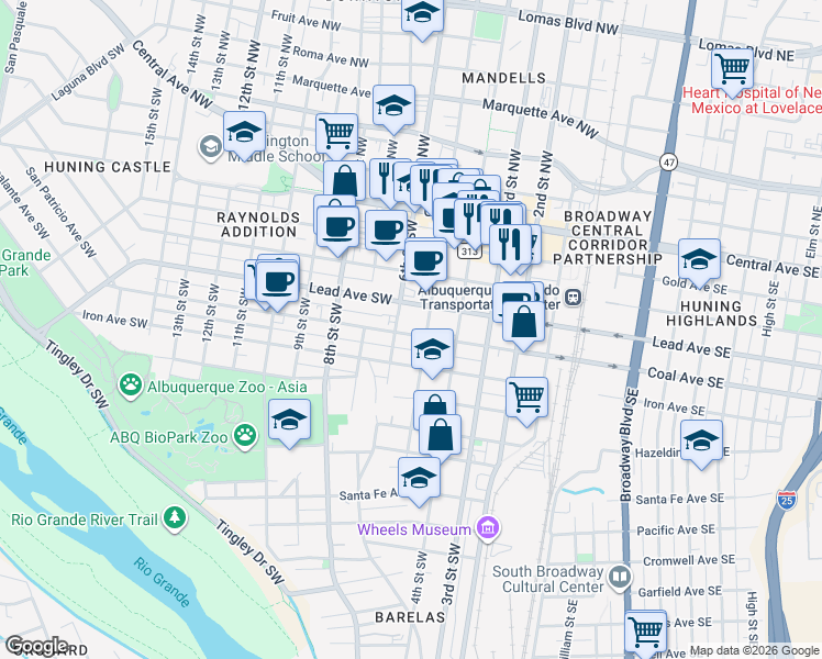 map of restaurants, bars, coffee shops, grocery stores, and more near 501 Coal Avenue Southwest in Albuquerque