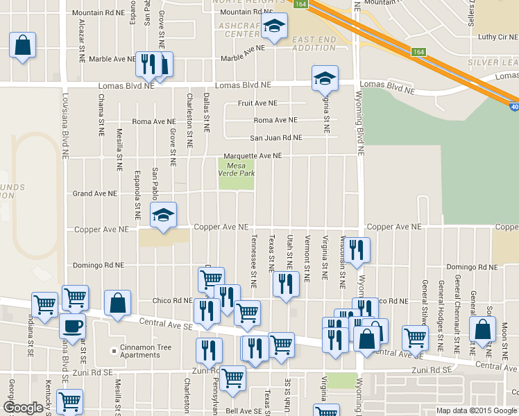 map of restaurants, bars, coffee shops, grocery stores, and more near 411 Tennessee Street Northeast in Albuquerque